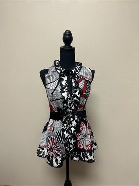 Dolce & Gabbana Black, White & Red Ruffled Tie-Neck Floral Peplum Top